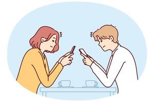 Couple with phones sits in cafe, addiction to social networks, not paying attention to interlocutor vector