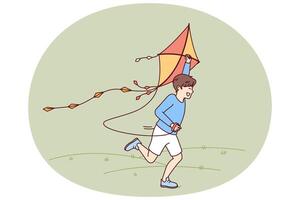 Little boy with kite runs through meadow enjoying summer walk with favorite toy. vector