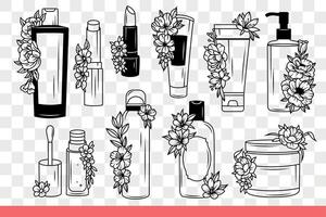 Cosmetics for caring for face or body skin and creating beautiful makeup. Hand drawn. vector