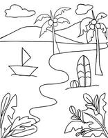 a beach scene with a boat and palm trees colouring page illustration vector