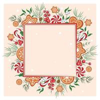 Christmas background with place for text decorated with different winter plants, cookies and sweets background. Festive winter design elements. vector