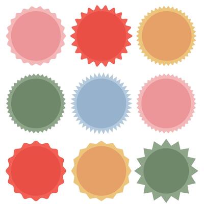 Badge star, sticker starburst shape, sale price tag, colorful sun, circle label, round discount icon isolated on white background