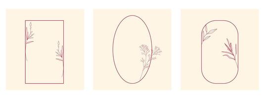 Set of three minimalist floral frames in soft pastel tones with delicate botanical line art, ideal for invitations, greeting cards, or elegant designs vector