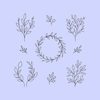 simple botanical set featuring hand-drawn branches and leaves circular wreath. Nature designs, invitations, logos, and minimalist decorations vector