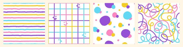 Colorful seamless pattern set of hand drawn curved checkered lines, polka dots and strip. Trendy design with abstract shapes, simple and playful doodle wallpaper print vector