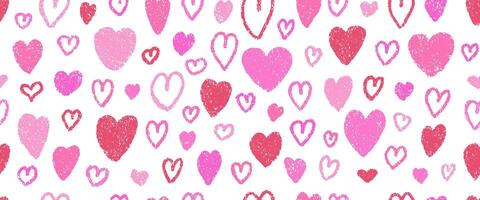 Crayon drawn hearts seamless pattern, chalk drawn sketches in red and pink colored. Scribble doodle background, wallpaper vector