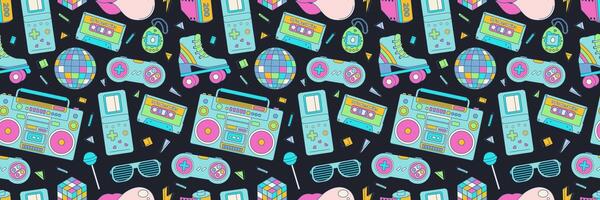 Seamless pattern colorful elements 80s 90s. Disco ball, sunglasses and roller skates, cassette. background, print, wallpaper. vector