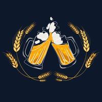Two toasting beer mugs, Cheers,with spikelets . Hand drawn Clinking glass full of beer and splashed foam. illustration with beer for decorating banners, posters, advertisements, packaging vector
