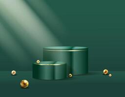 Minimal scene geometric podium platform.Pedestal in luxurious green color with gold edging and spheres.Realistic 3D podium platform background for presentation,advertisement,banner template. vector