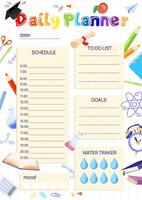 School daily planner template with schedule, to do list, water tracker, goal, mood.Vertical A4 format daily personal planner page. illustration vector