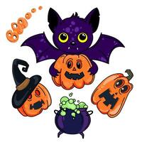 Halloween elements collection isolated on white background for stickers printing and different design decoration Cute scary bat with pumpkin, cauldron and creepy pumpkin with facial expression. vector