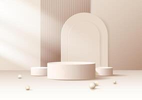 Luxury Podium stand set in beige pastel colors.Empty podium background. Product presentation design,mock up, cosmetic product. Beige minimal scene with platform, arch and spheres. Realistic 3d vector