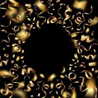 Gold ribbons serpentine confetti background with empty space inside. Glowing confetti frame, border, banner design for holiday design. Abstract Background, Border, Celebrate presentation. vector