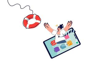 Lifeline for digitally addicted man drowning in mobile phone display due to procrastination vector