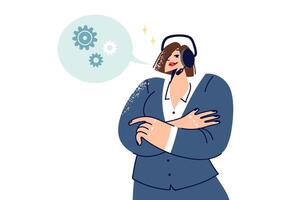 Woman support operator with headset on head stands with arms crossed and advises clients vector