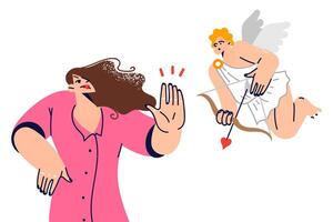 Woman says no to cupid and shows stop gesture, refusing of romantic relationships vector