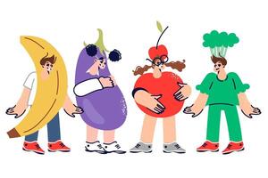 Children dressed as vegetables and fruits for school theater production about harvesting vector
