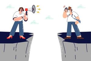 Communication business people flocking on different rocks and coordinating actions through megaphone vector