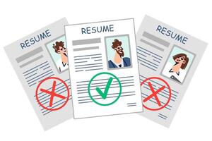 Paper resumes and cvs of candidates for vacant position with stamps of approval or refusal to hire vector
