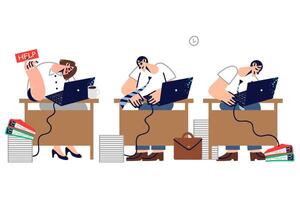 Tired company employees ask for help and fall asleep at workplace due to overabundance of work vector