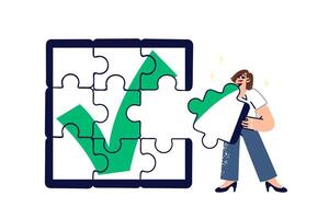 Businesswoman single-handedly completed task of completing puzzle with check mark vector
