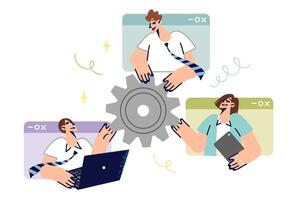 Business analysis from team of employees, looking out of computer windows and holding gear vector