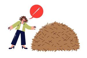 Difficult task for woman looking for needle in haystack, nervous because of fear impossible mission vector