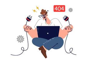 Error 404 causes panic in man with laptop holding broken wire and trying to fix internet vector