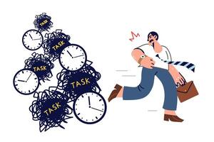 Busy business man runs away from tasks and deadlines due to lack of time management skills vector