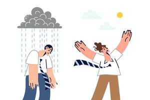 Influence of weather on mood of business man who is happy sun comes out and sad it rains vector