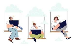 Business people use cloud technology for teamwork over internet, sitting in sky with laptops vector