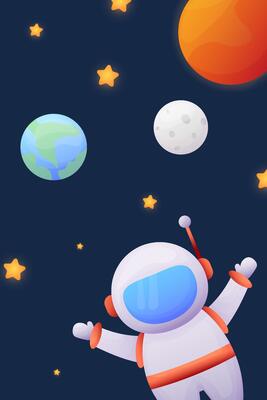Solar system planets and astronaut in outer space in galaxy, illustration. Childrens cute greeting card, birthday invitation.