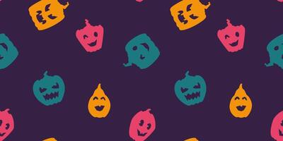 Halloween minimalistic flat seamless pattern with carved pumpkins on dark background. vector