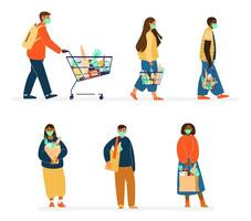 Set Of Different Ethnicity People In Protective Masks Grocery Shopping. New Normal Concept. Ecofriendly Shopping Using String Bags, Shoppers. Flat Illustration. Isolated On White. vector