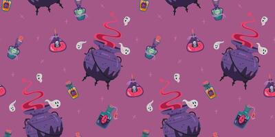 Halloween seamless pattern with witch magic cauldron, bottles with potions and poisons, ghosts. vector
