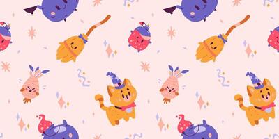 Halloween seamless pattern with magical kawaii characters and witchcraft. vector