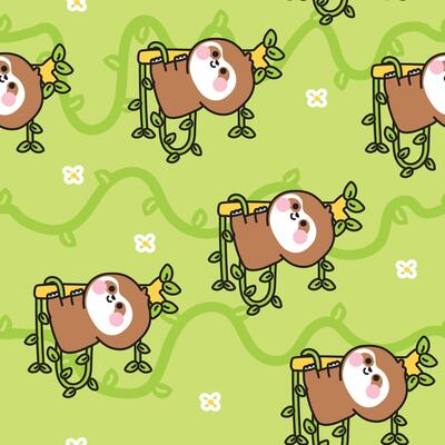 Seamless pattern cute sloth is climbing on the tree with vine background.Wild animal character cartoon design.Image for card,poster,baby clothing.Kawaii.Illustration.