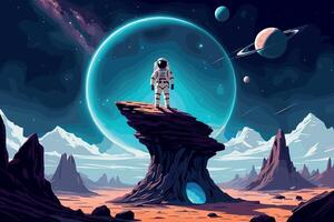 Astronaut Facing Cosmic Vortex on Alien Terrain vector