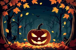 Spooky Jack-o'-Lantern in Autumn Forest under Full Moon vector