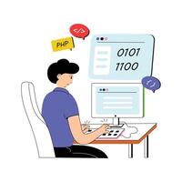 A man coding on desktop computer, developing software vector