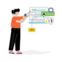 Woman optimizing website content to improve search engine ranking vector