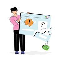 Man analyzing and fixing an error on a website, webpage error flat illustration vector