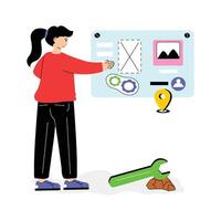 Woman managing web page content, updates, and maintenance for a website vector