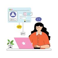 Woman developing a website, focusing on layout and user experience vector