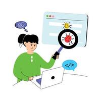 Woman searching for and identifying bugs in software or code vector