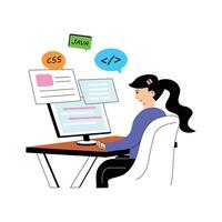 Developer writing and styling web pages using CSS and HTML. vector