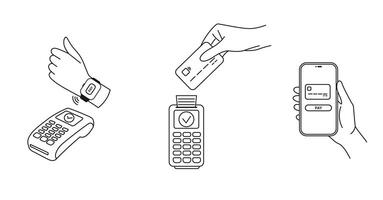 Contactless payment concept set. Hands use credit card, phone, smartwatch to make contactless payment with POS terminal using NFC technology vector