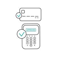Approved payment by credit or debit card using POS terminal. Successful payment with green checkmark icon. Editable vector