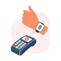 Wireless paying concept with smart watch by POS terminal. Printed receipt of refused transaction vector