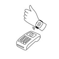 Outlined human hand is making payment using a contactless system on smartwatch on POS terminal vector